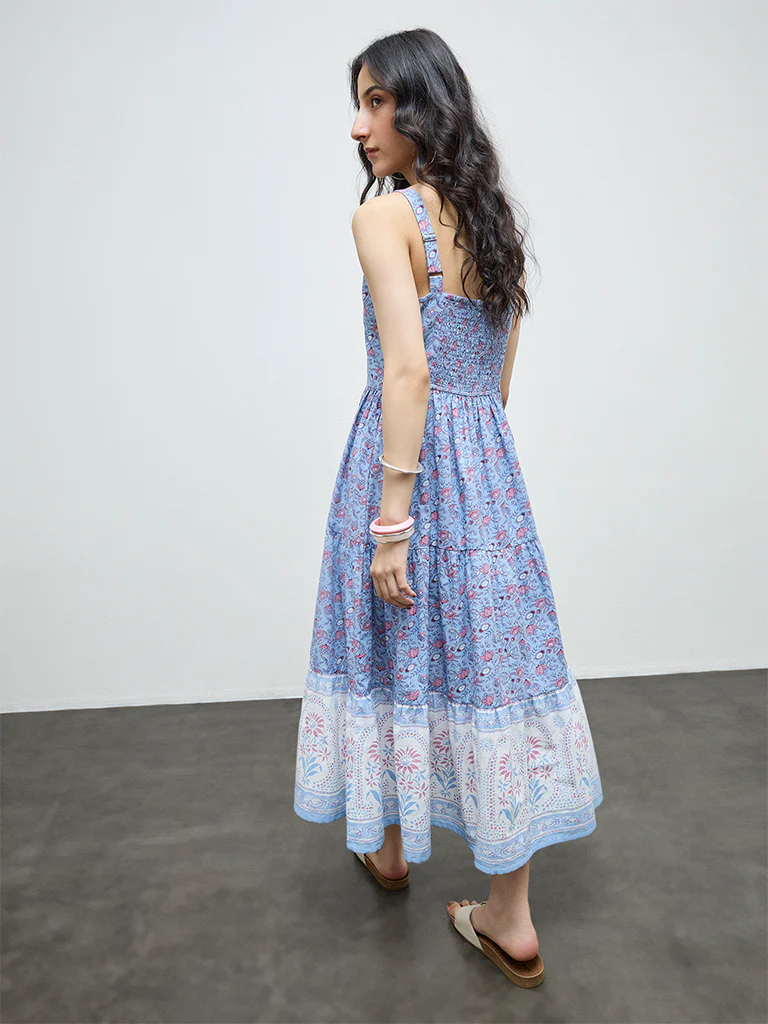 Bombay Paisley Blue Floral Cotton Tiered Dress - Image 4