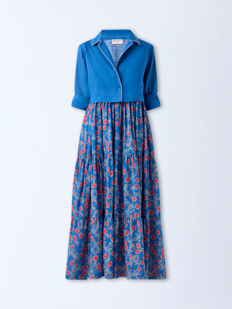 Bombay Paisley Blue Floral Cotton Tiered Dress with Jacket - Image 5