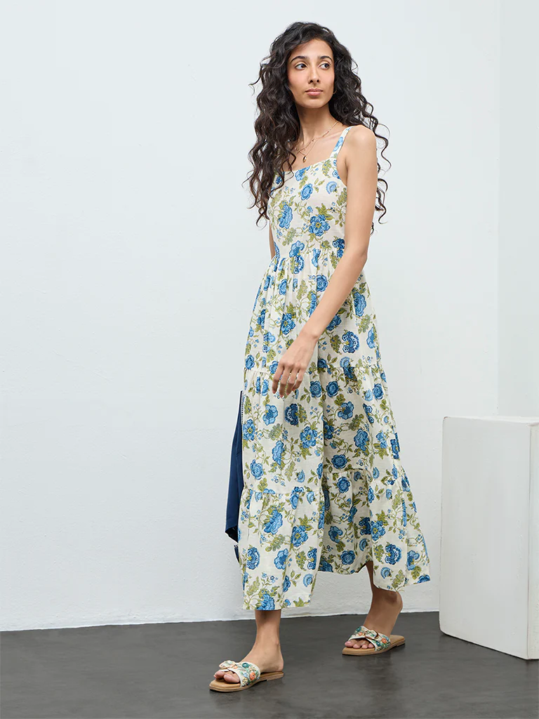 Bombay Paisley Blue Floral Cotton Tiered Dress with Jacket - Image 2