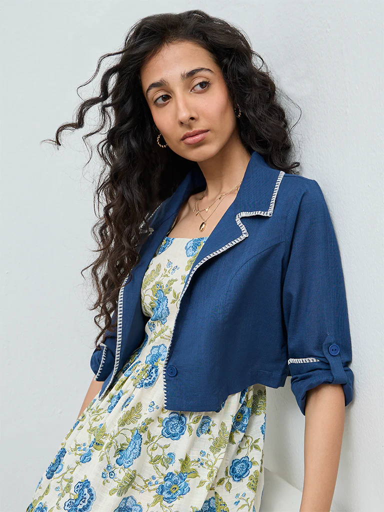 Bombay Paisley Blue Floral Cotton Tiered Dress with Jacket - Image 3