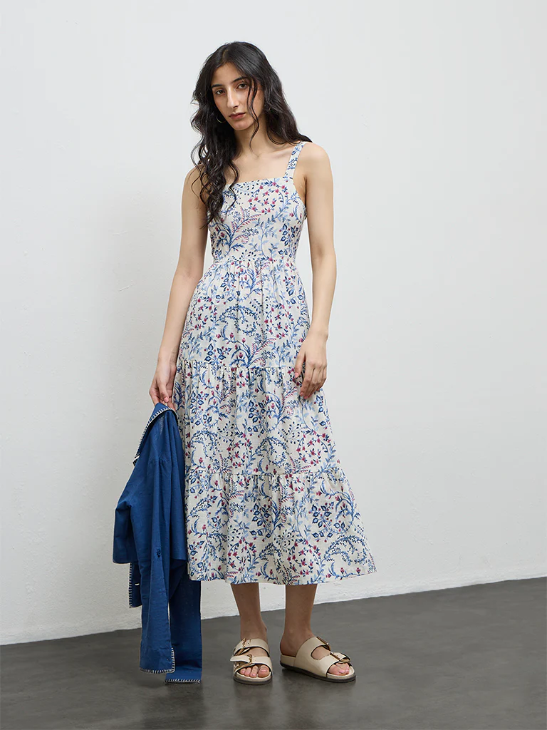 Bombay Paisley Blue Floral Cotton Tiered Dress with Jacket