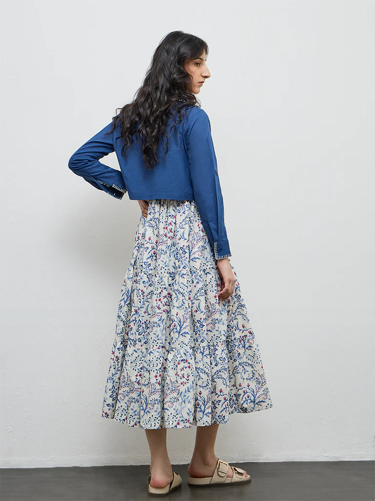Bombay Paisley Blue Floral Cotton Tiered Dress with Jacket - Image 2