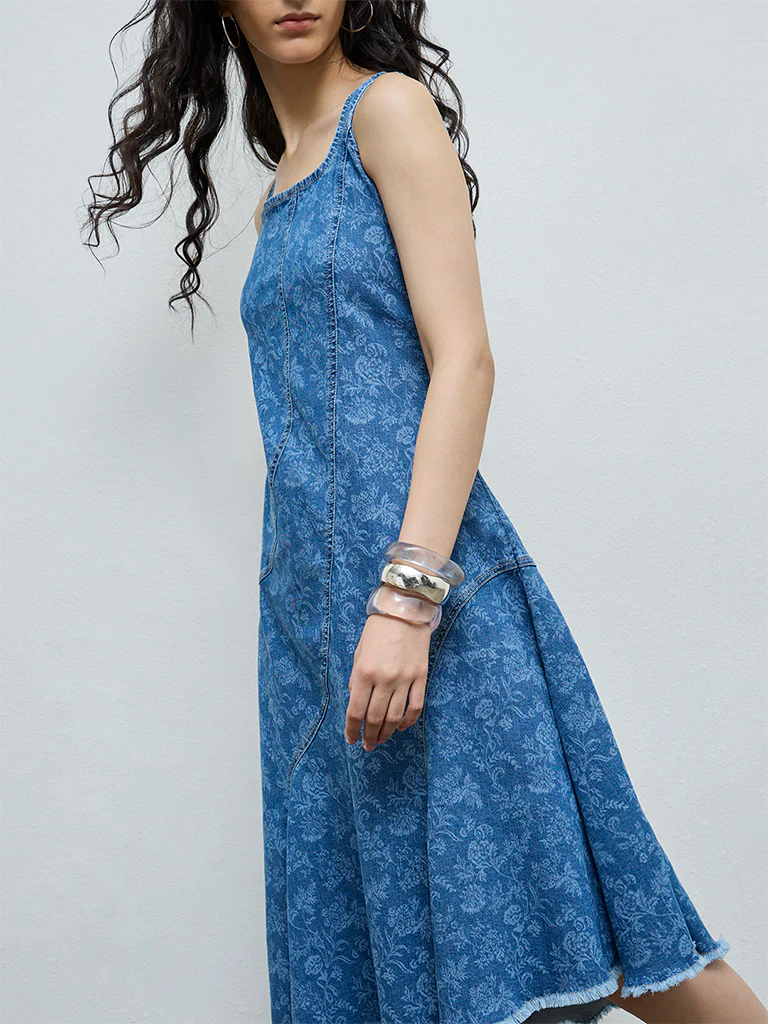 Bombay Paisley Blue Floral Denim A-Line Dress - Image 3
