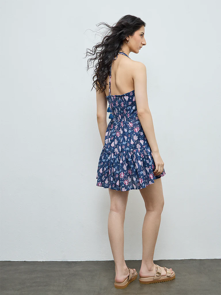 Bombay Paisley Blue Floral Design Cotton A-Line Dress - Image 4