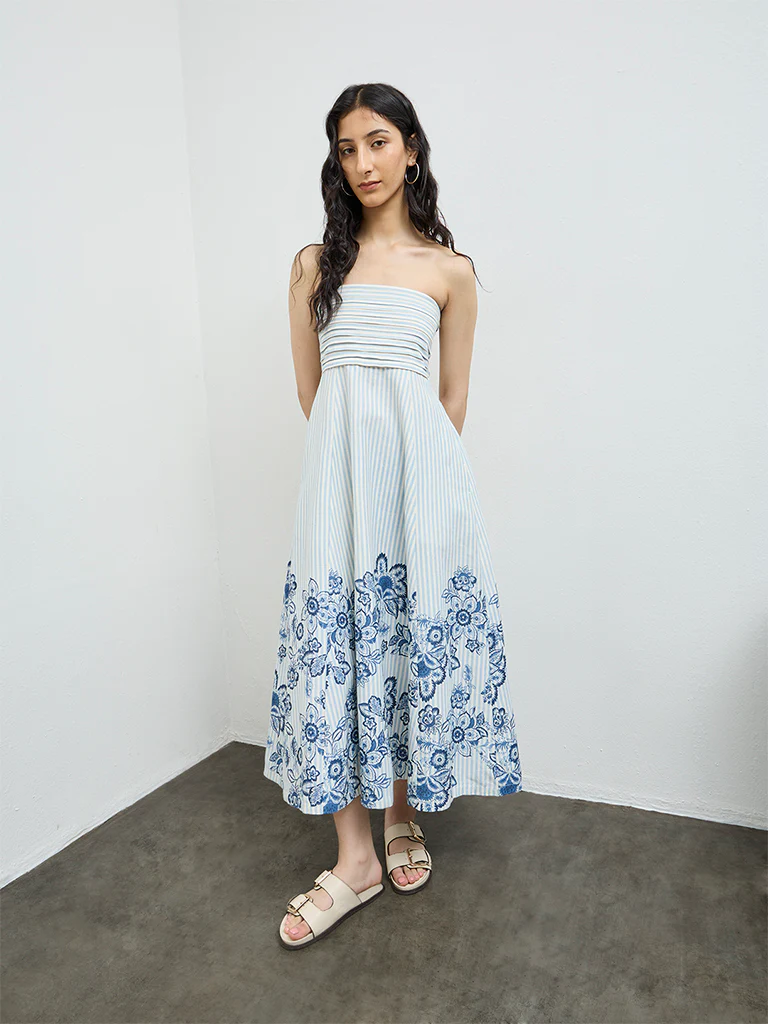 Bombay Paisley Blue Floral Design Off-Shoulder Cotton-Blend A-Line Dress - Image 2