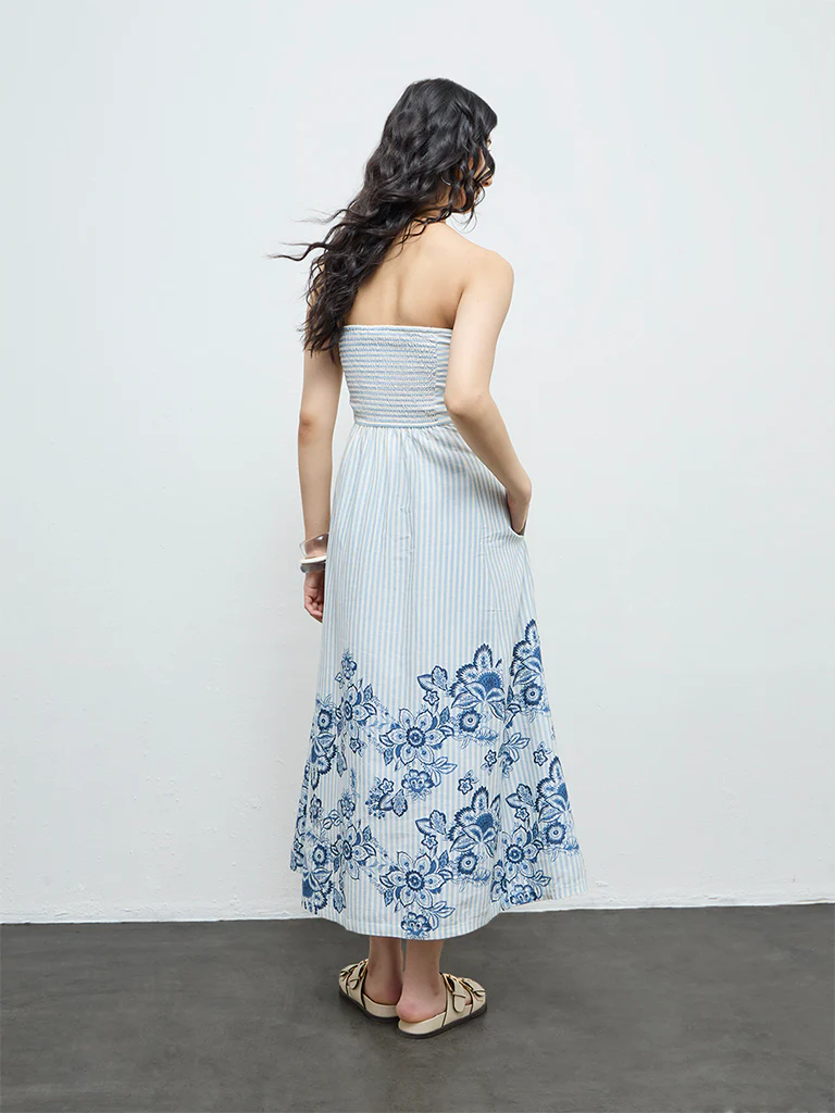 Bombay Paisley Blue Floral Design Off-Shoulder Cotton-Blend A-Line Dress - Image 4