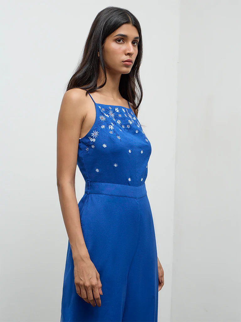Bombay Paisley Blue Floral Embroidered Cotton-Blend Jumpsuit - Image 3