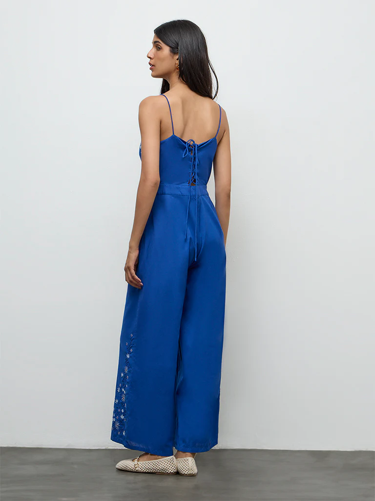 Bombay Paisley Blue Floral Embroidered Cotton-Blend Jumpsuit - Image 4