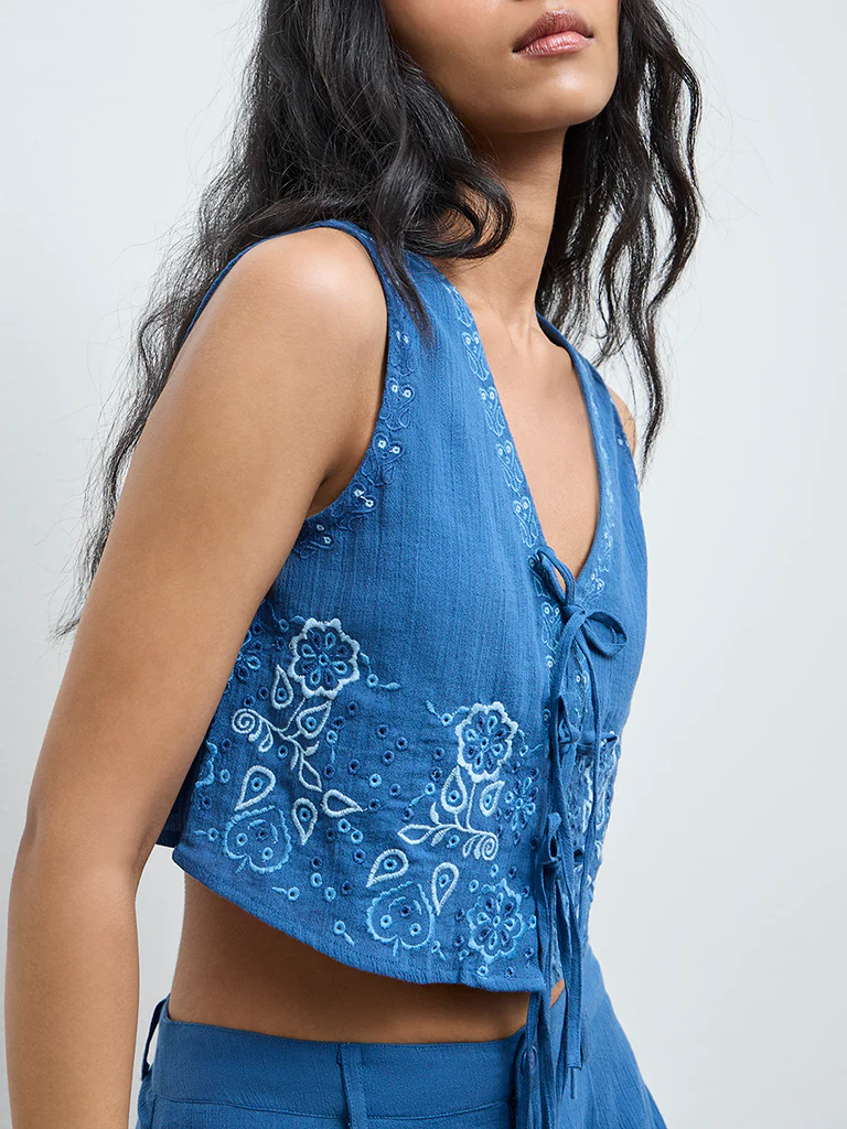 Bombay Paisley Blue Floral Embroidered Cotton-Blend Top - Image 3