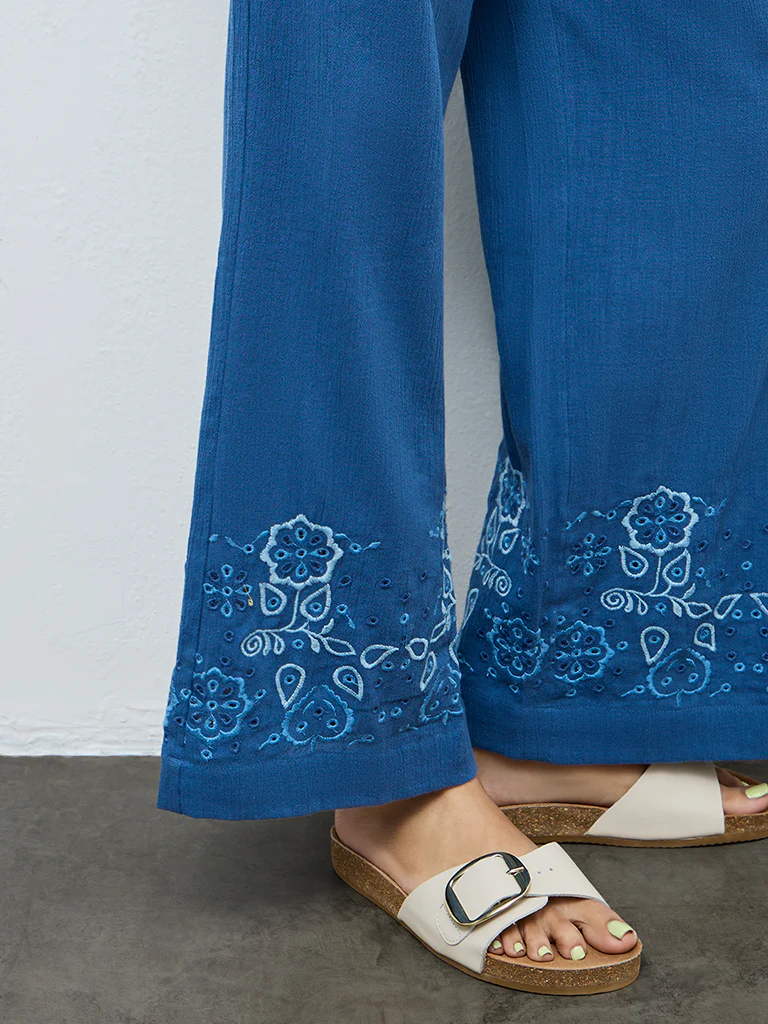 Bombay Paisley Blue Floral Embroidered Cotton Palazzos - Image 3