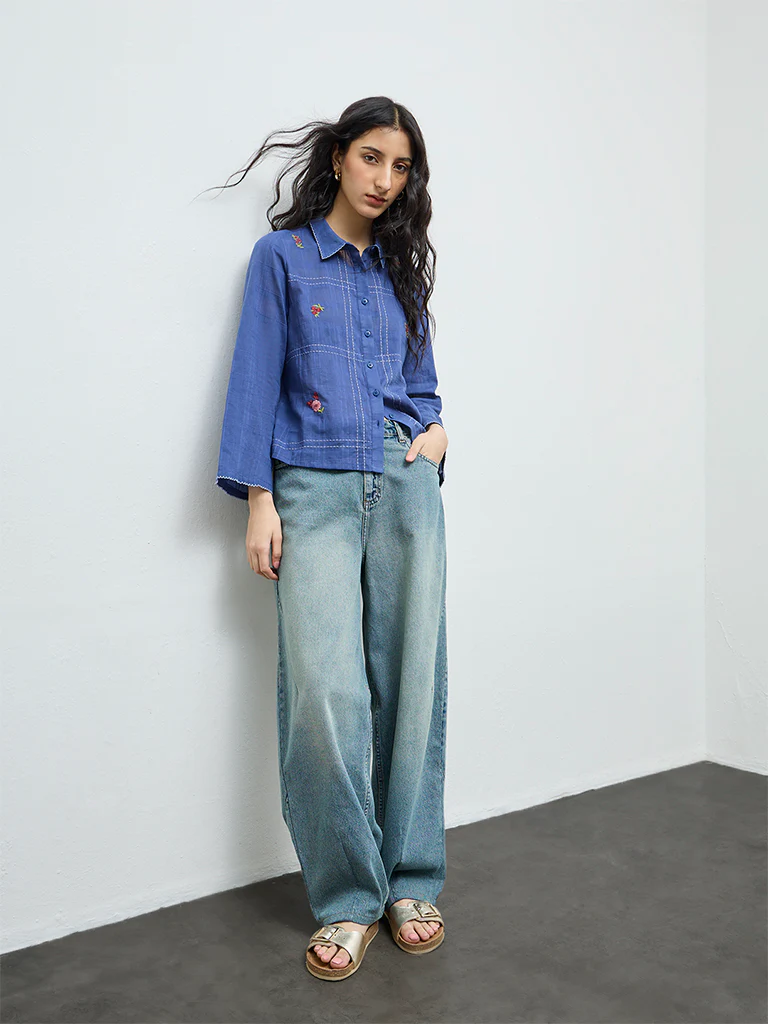 Bombay Paisley Blue Floral Embroidered Cotton Shirt - Image 2