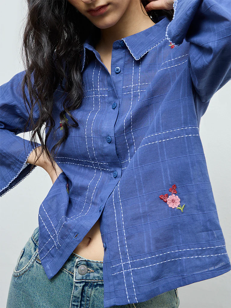 Bombay Paisley Blue Floral Embroidered Cotton Shirt - Image 3