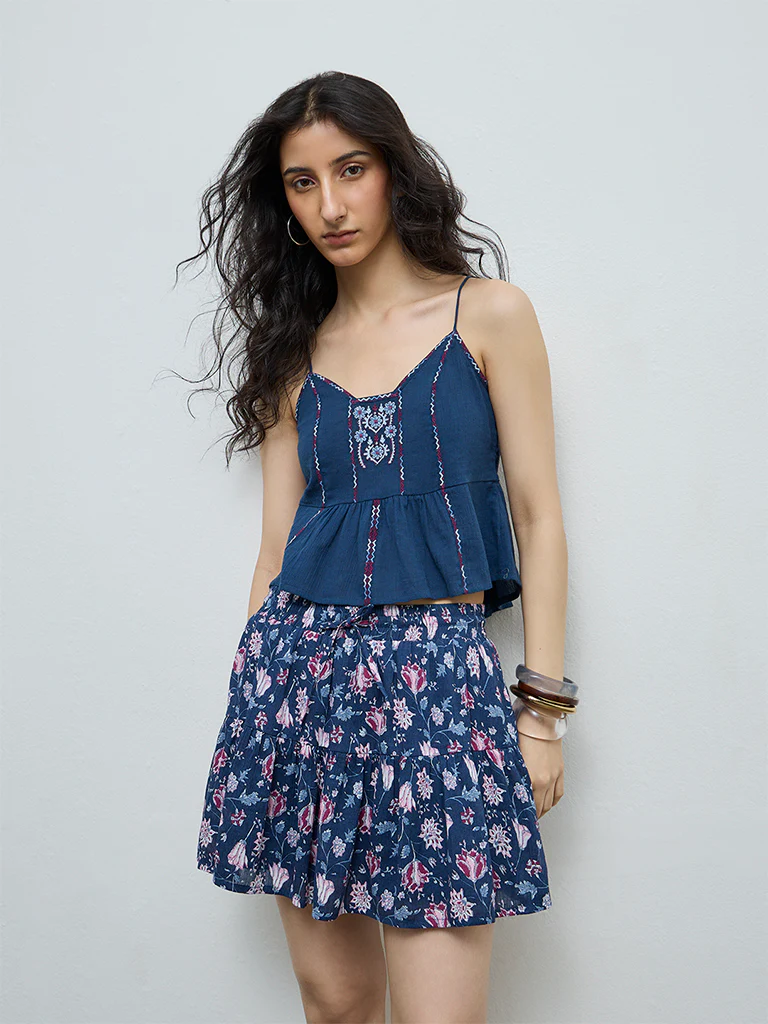 Bombay Paisley Blue Floral Embroidered Cotton Top - Image 2