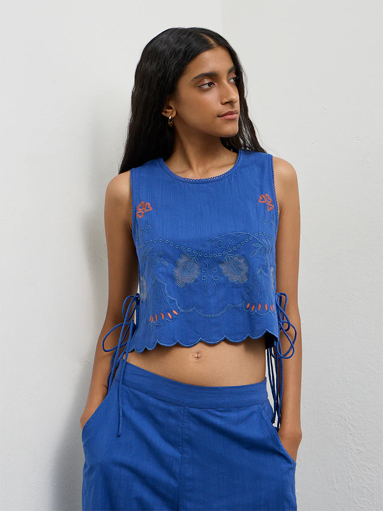Bombay Paisley Blue Floral Embroidered Cotton Top