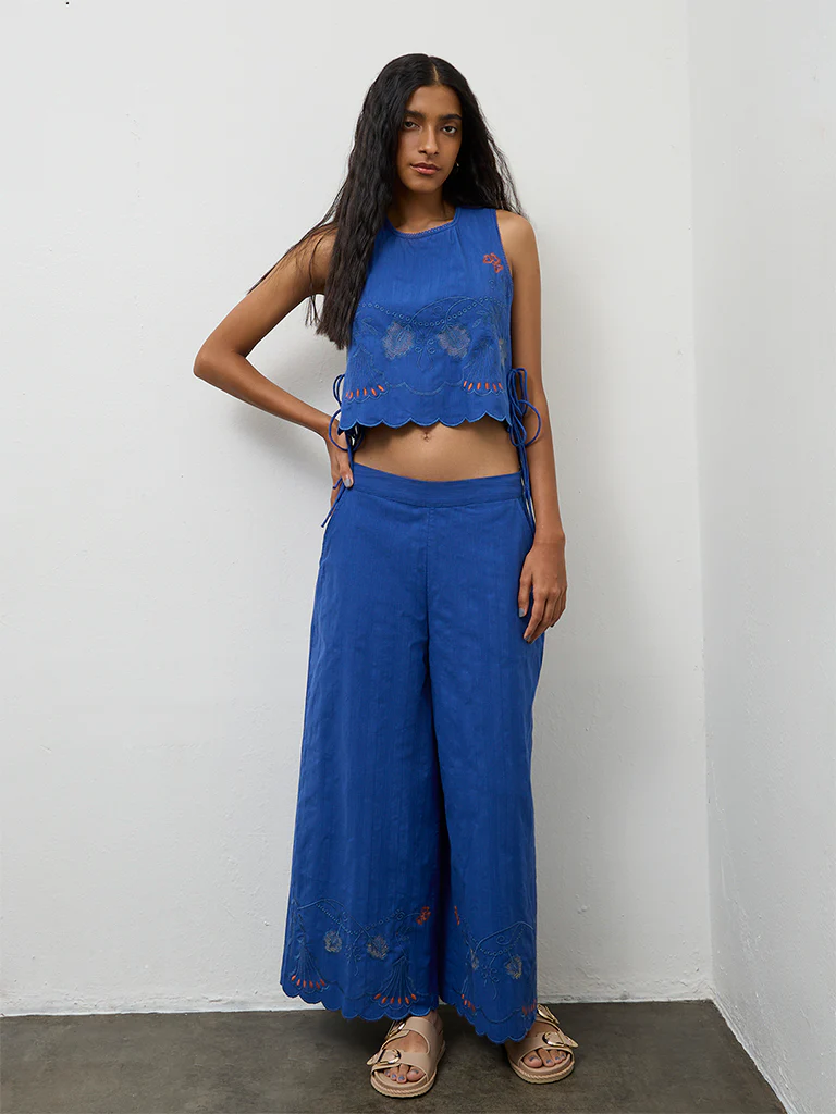 Bombay Paisley Blue Floral Embroidered Cotton Top - Image 2