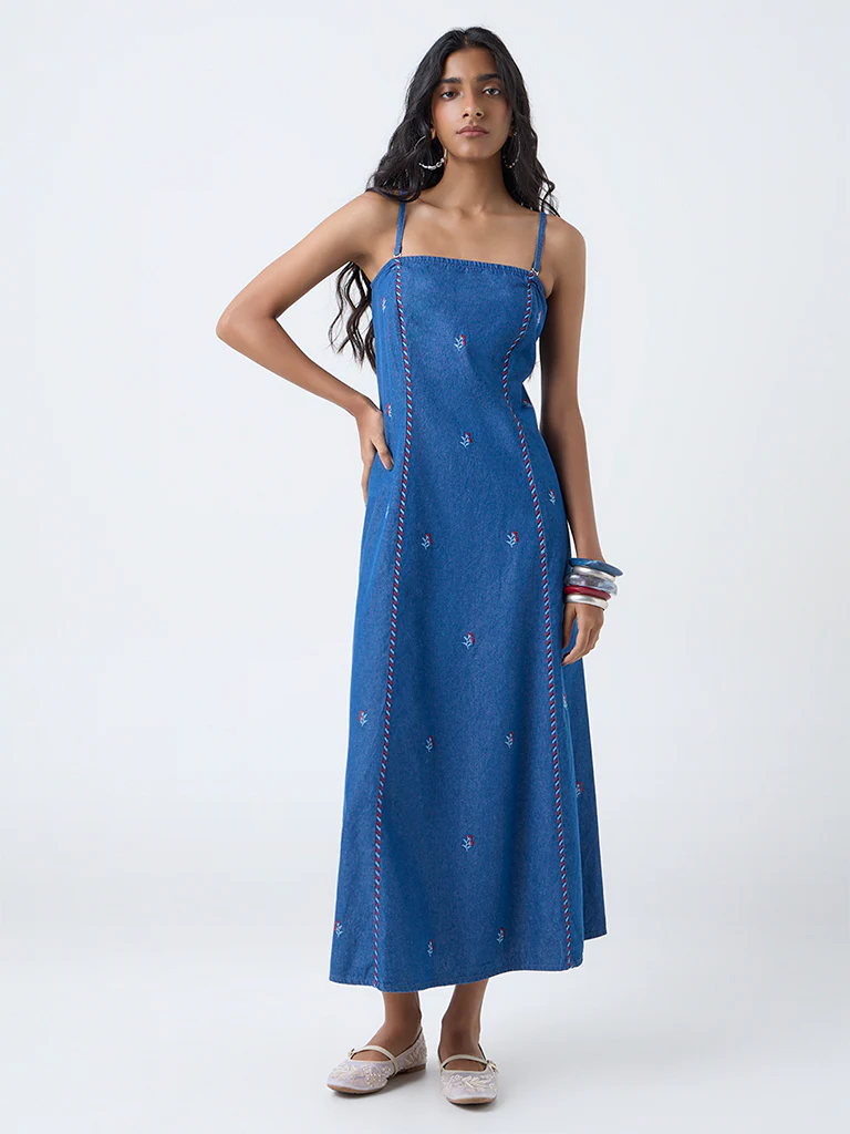 Bombay Paisley Blue Floral Embroidered Denim A-Line Dress - Image 2