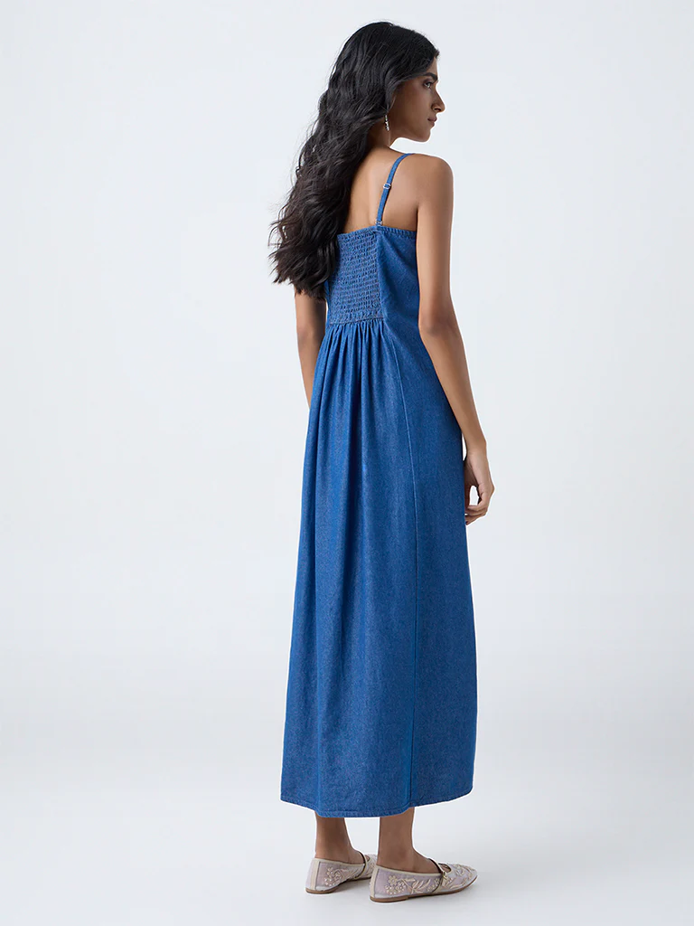 Bombay Paisley Blue Floral Embroidered Denim A-Line Dress - Image 4