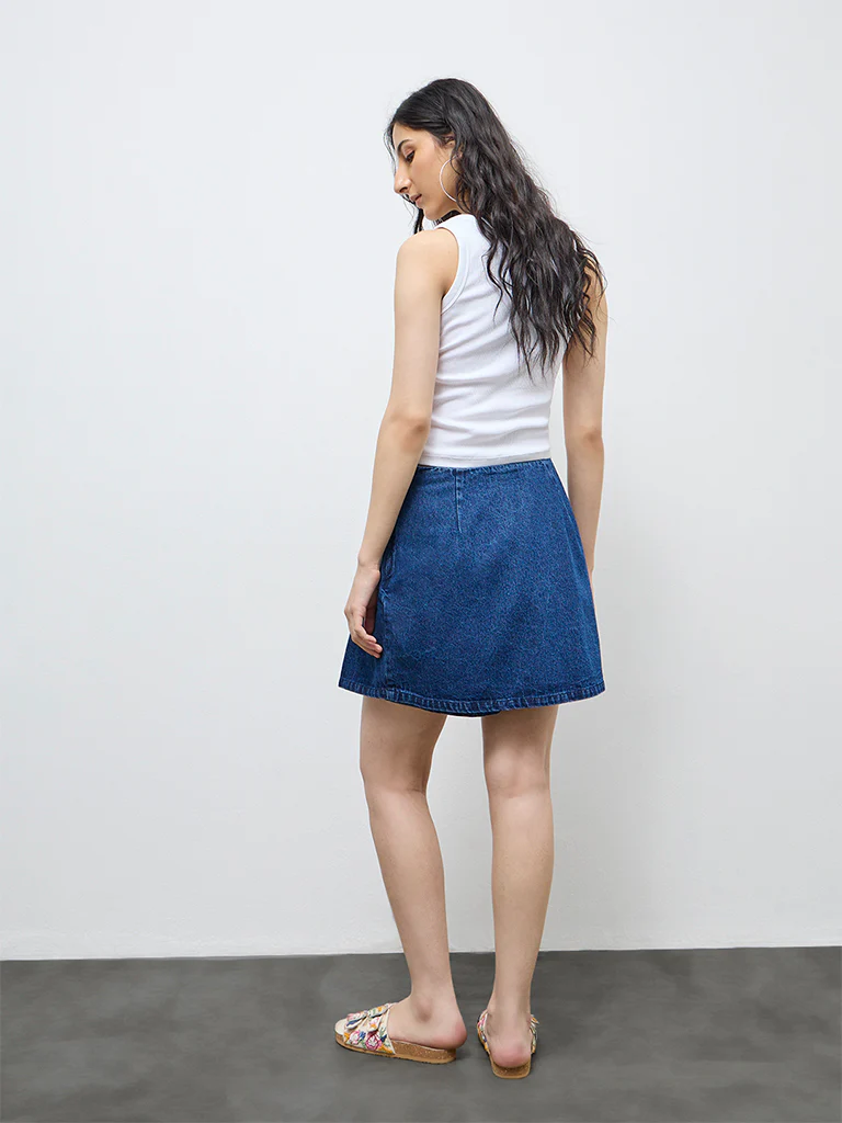 Bombay Paisley Blue Floral Embroidered Denim Skirt - Image 4
