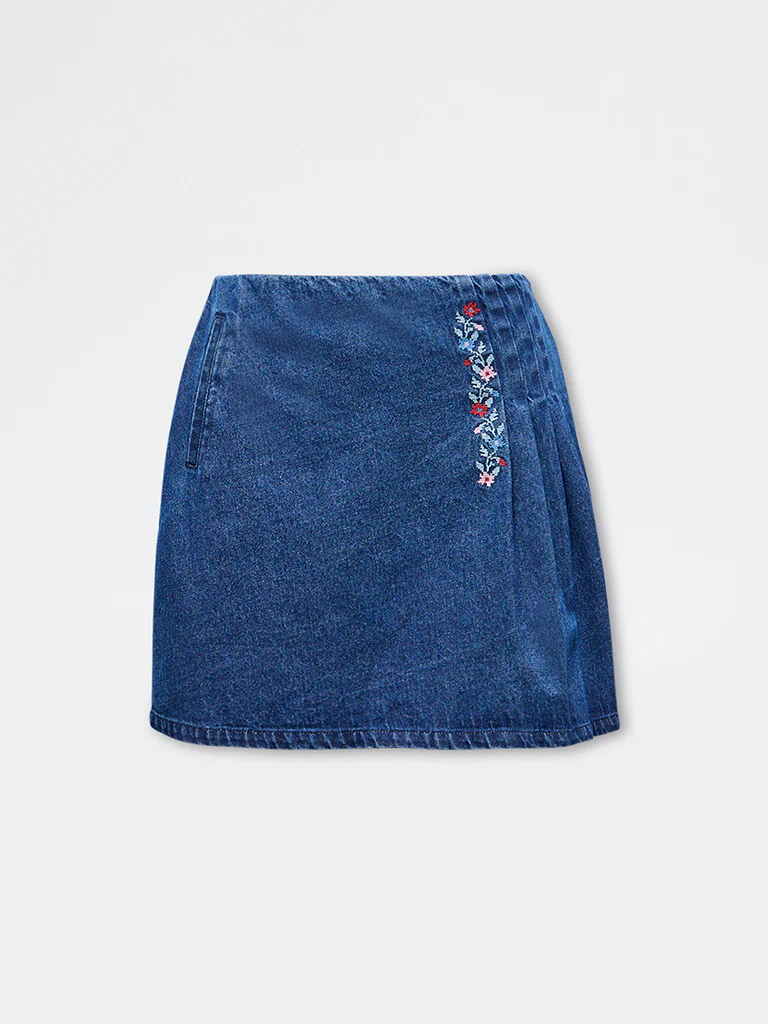 Bombay Paisley Blue Floral Embroidered Denim Skirt - Image 5