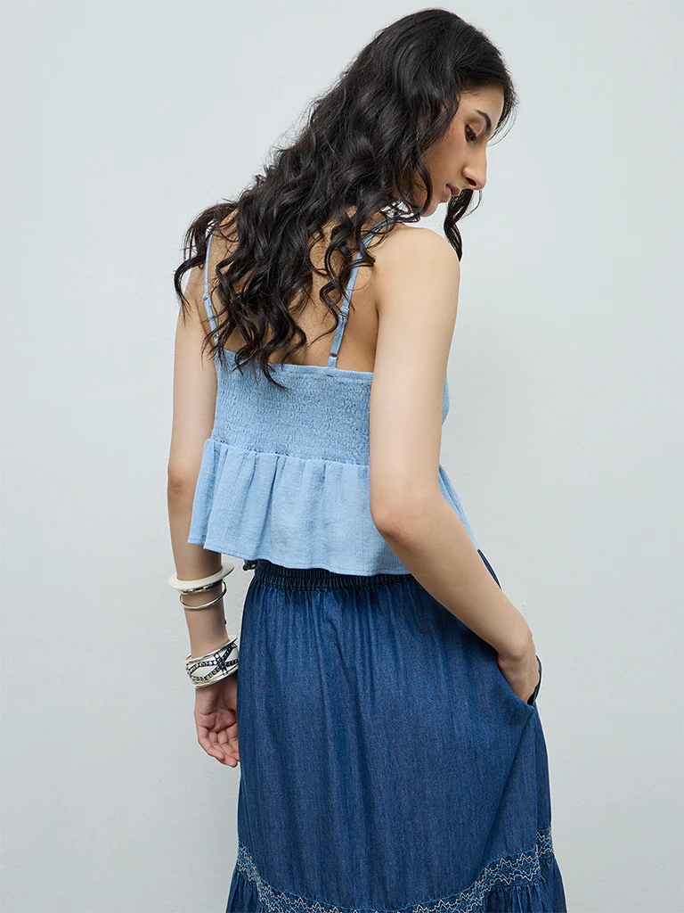 Bombay Paisley Blue Floral Embroidered Peplum Cotton Top - Image 4
