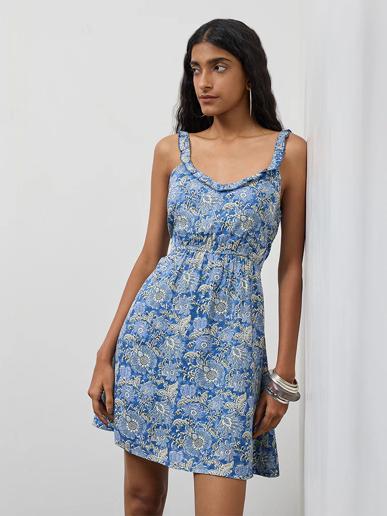 Bombay Paisley Blue Floral Pattern A-Line Dress - Image 2