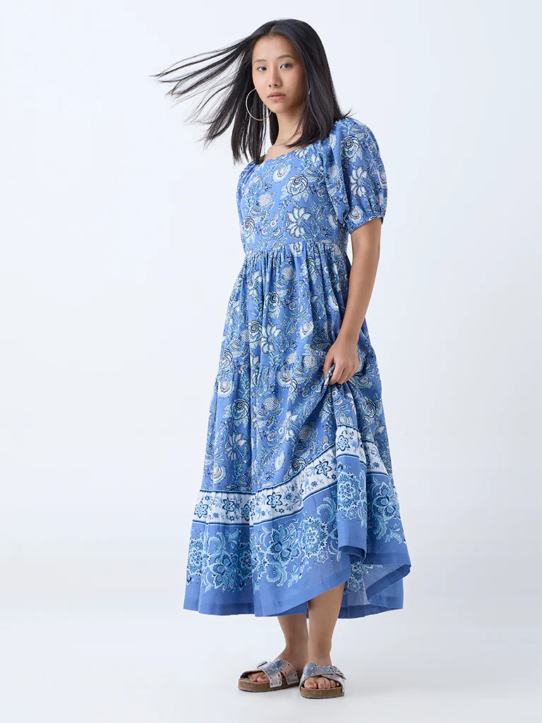 Bombay Paisley Blue Floral Pattern Cotton A-Line Dress - Image 2