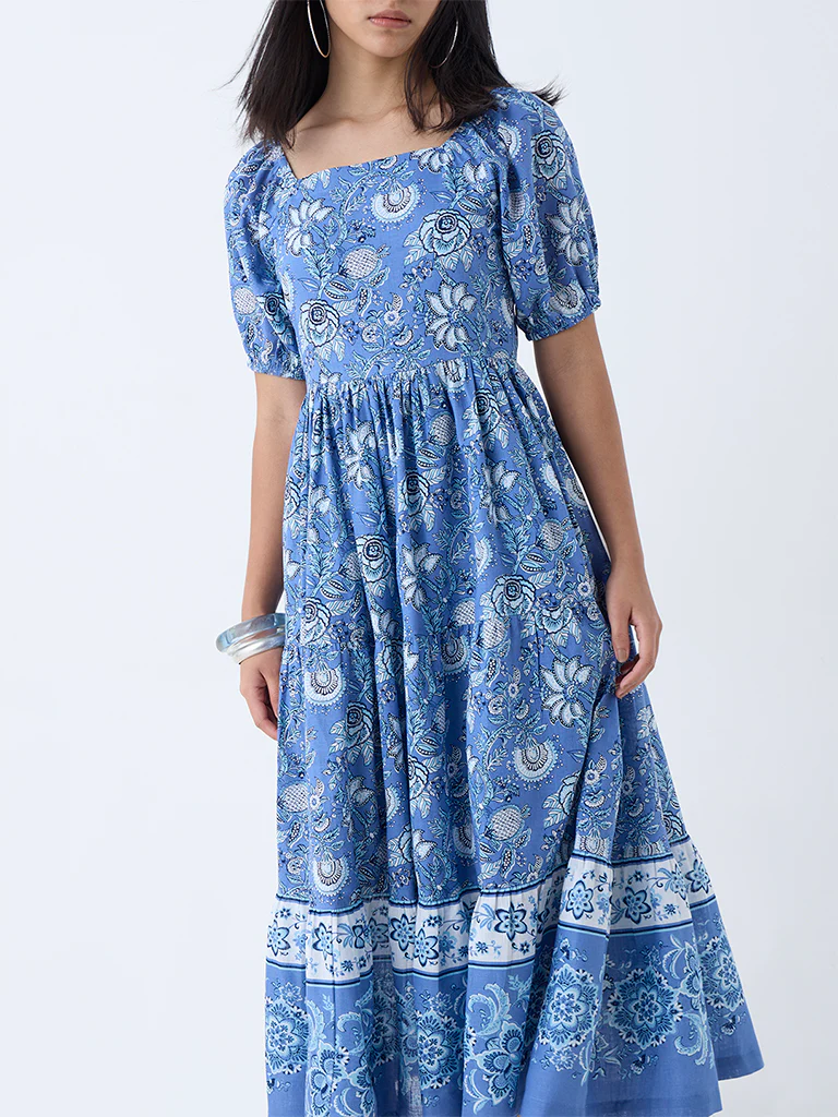 Bombay Paisley Blue Floral Pattern Cotton A-Line Dress - Image 3