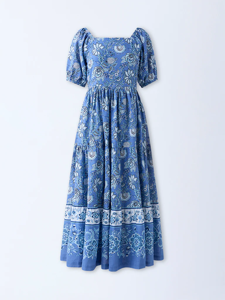 Bombay Paisley Blue Floral Pattern Cotton A-Line Dress - Image 5