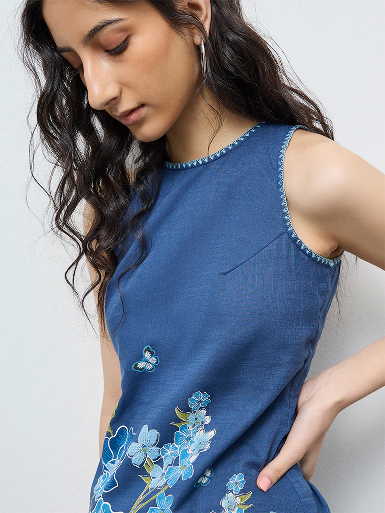 Bombay Paisley Blue Floral Pattern Shift Cotton Dress - Image 3