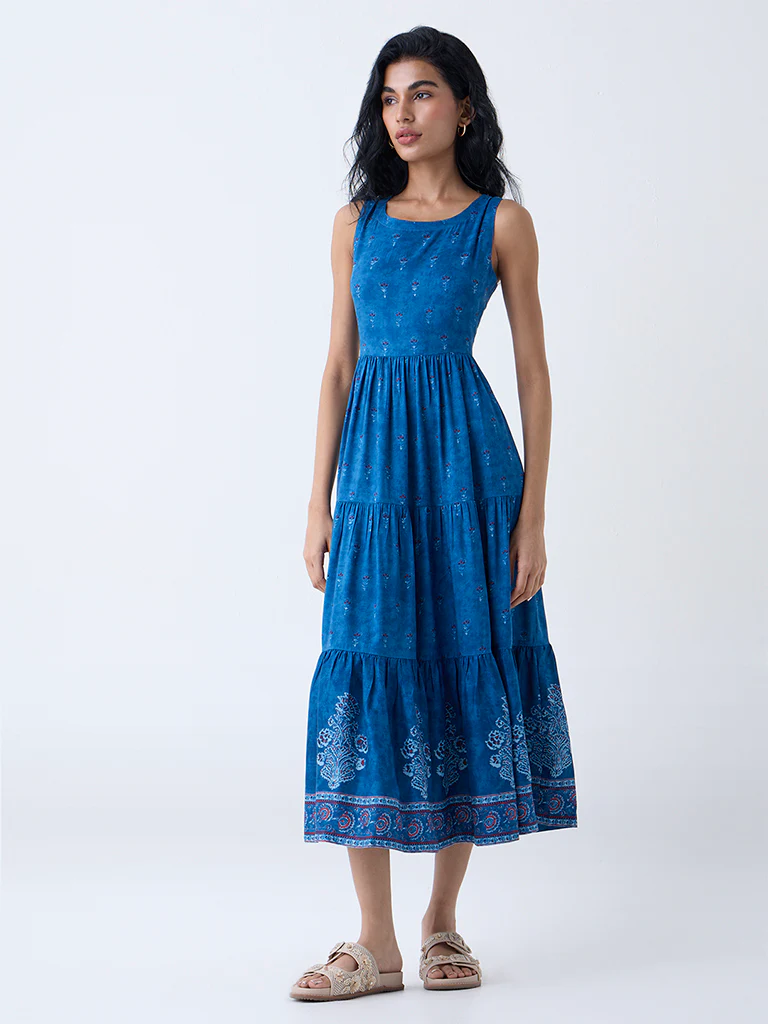 Bombay Paisley Blue Floral Pattern Tiered Dress - Image 2
