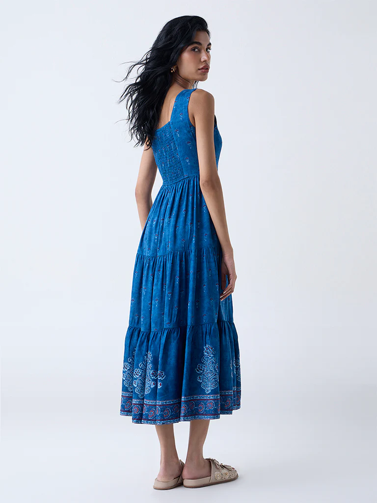 Bombay Paisley Blue Floral Pattern Tiered Dress - Image 4