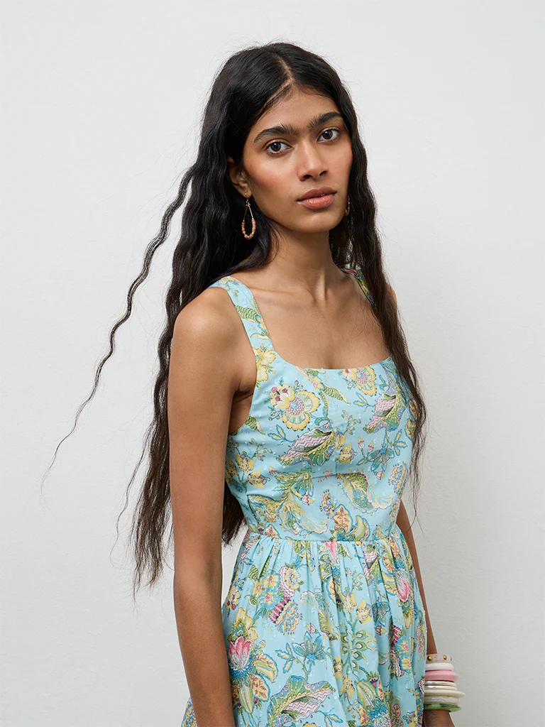 Bombay Paisley Blue Floral Printed Cotton A-Line Dress - Image 3