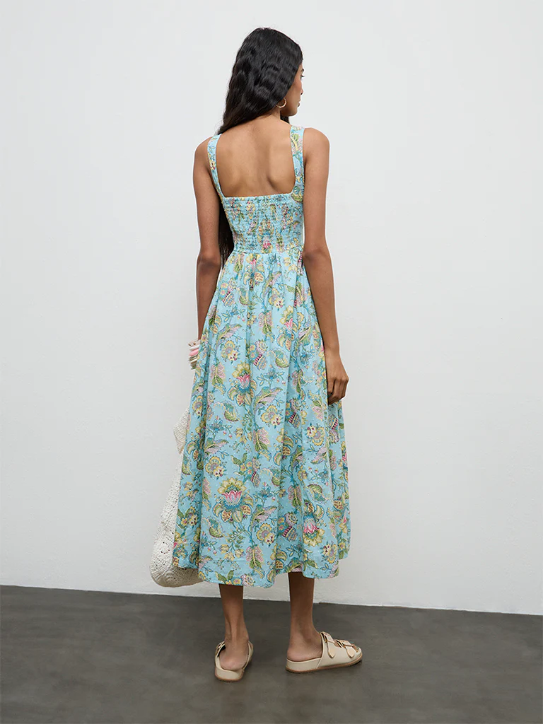 Bombay Paisley Blue Floral Printed Cotton A-Line Dress - Image 4