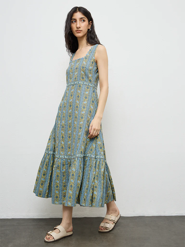 Bombay Paisley Blue Floral Printed Cotton A-Line Dress - Image 2