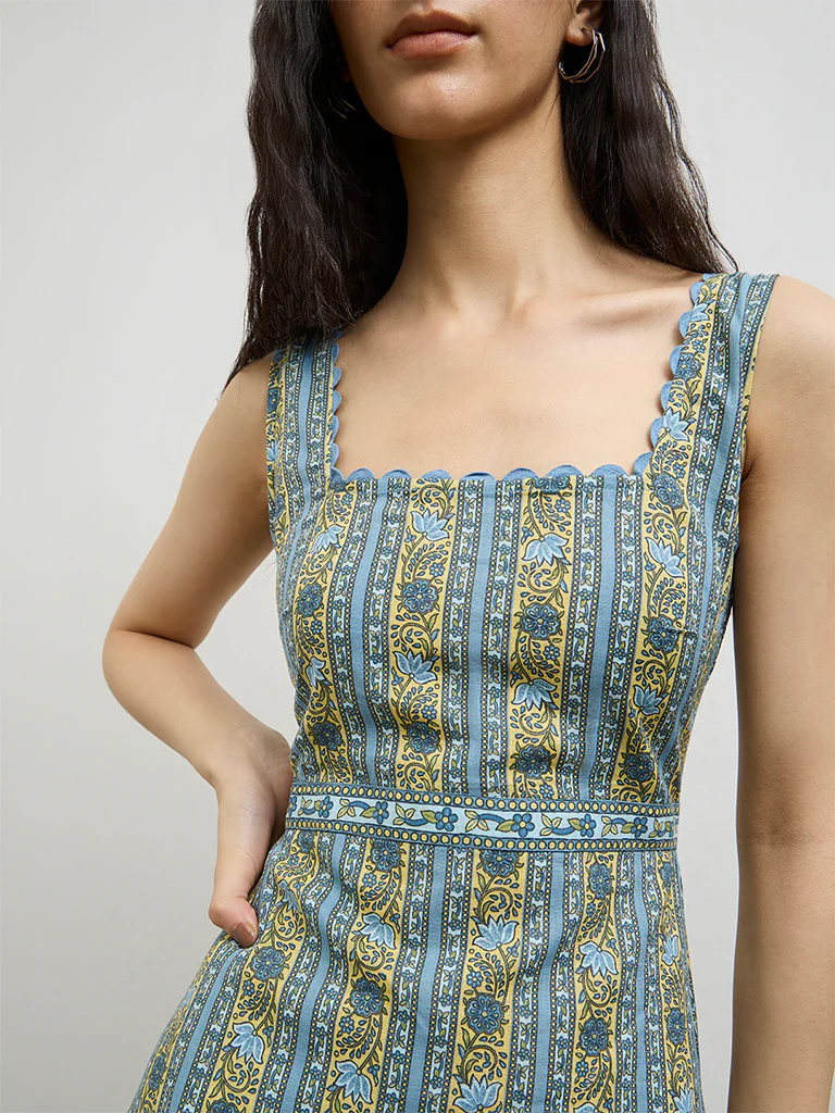 Bombay Paisley Blue Floral Printed Cotton A-Line Dress - Image 3