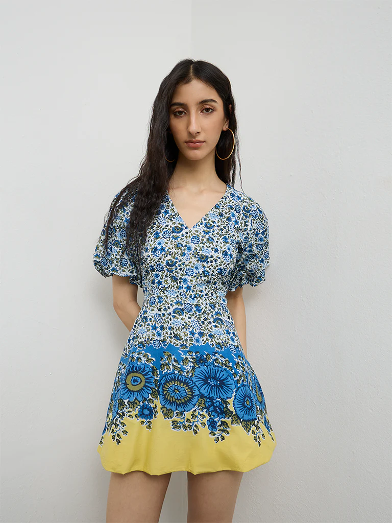 Bombay Paisley Blue Floral Printed Cotton A-Line Dress - Image 2