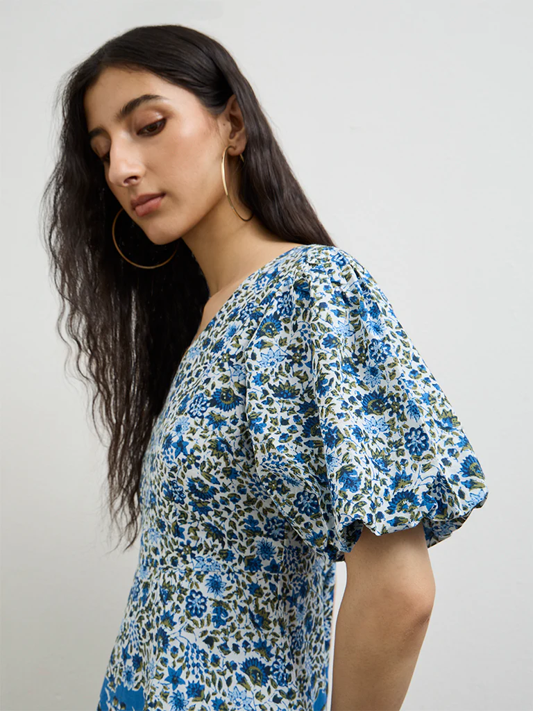 Bombay Paisley Blue Floral Printed Cotton A-Line Dress - Image 3