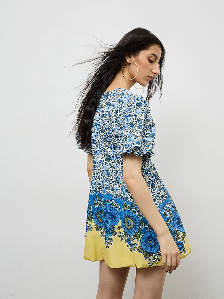 Bombay Paisley Blue Floral Printed Cotton A-Line Dress - Image 4