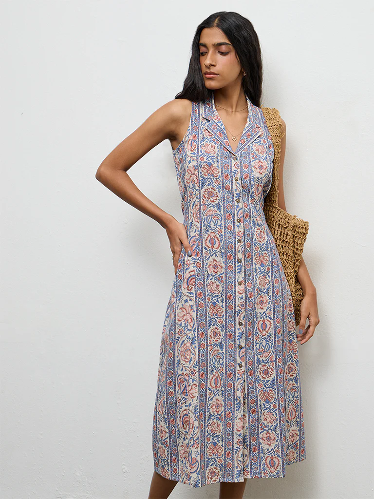 Bombay Paisley Blue Floral Printed Cotton A-Line Dress