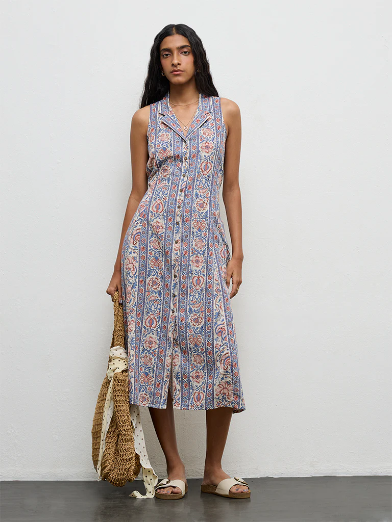 Bombay Paisley Blue Floral Printed Cotton A-Line Dress - Image 2