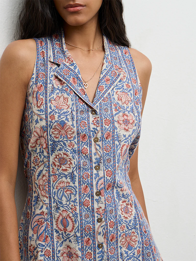 Bombay Paisley Blue Floral Printed Cotton A-Line Dress - Image 3