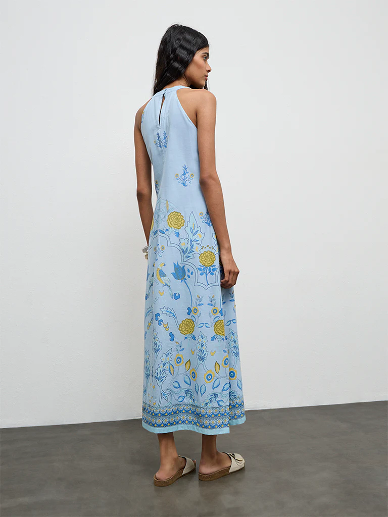 Bombay Paisley Blue Floral Printed Cotton Straight Dress - Image 4