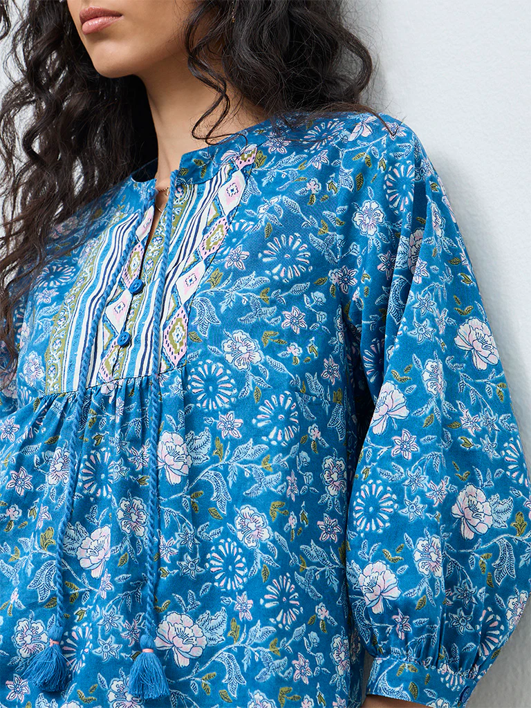 Bombay Paisley Blue Foliage Printed Cotton Top - Image 3