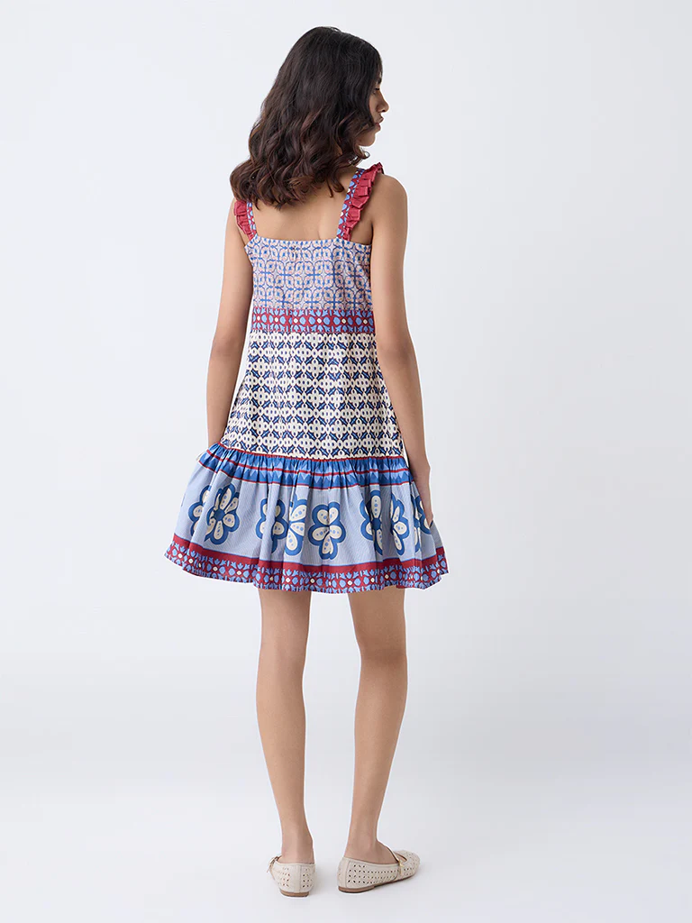 Bombay Paisley Blue Printed Cotton A-Line Dress - Image 4