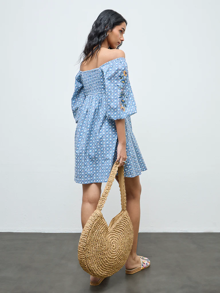 Bombay Paisley Blue Printed Cotton A-Line Dress - Image 4