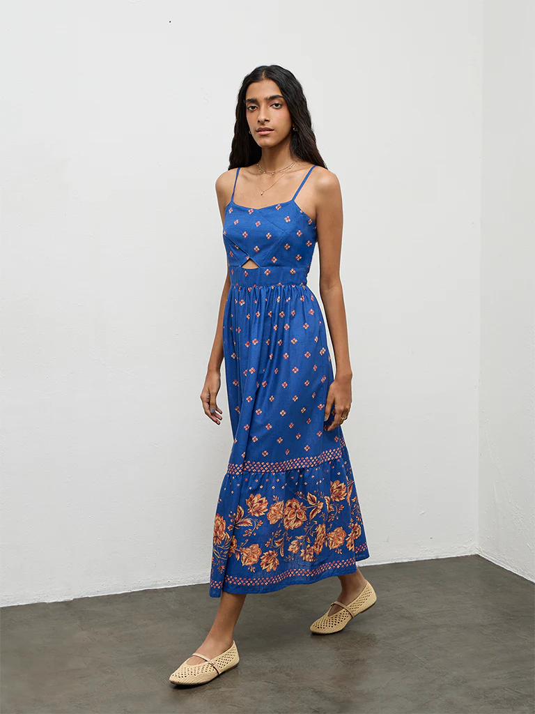Bombay Paisley Blue Printed Cotton A-Line Dress