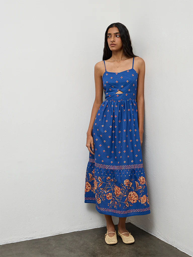 Bombay Paisley Blue Printed Cotton A-Line Dress - Image 2