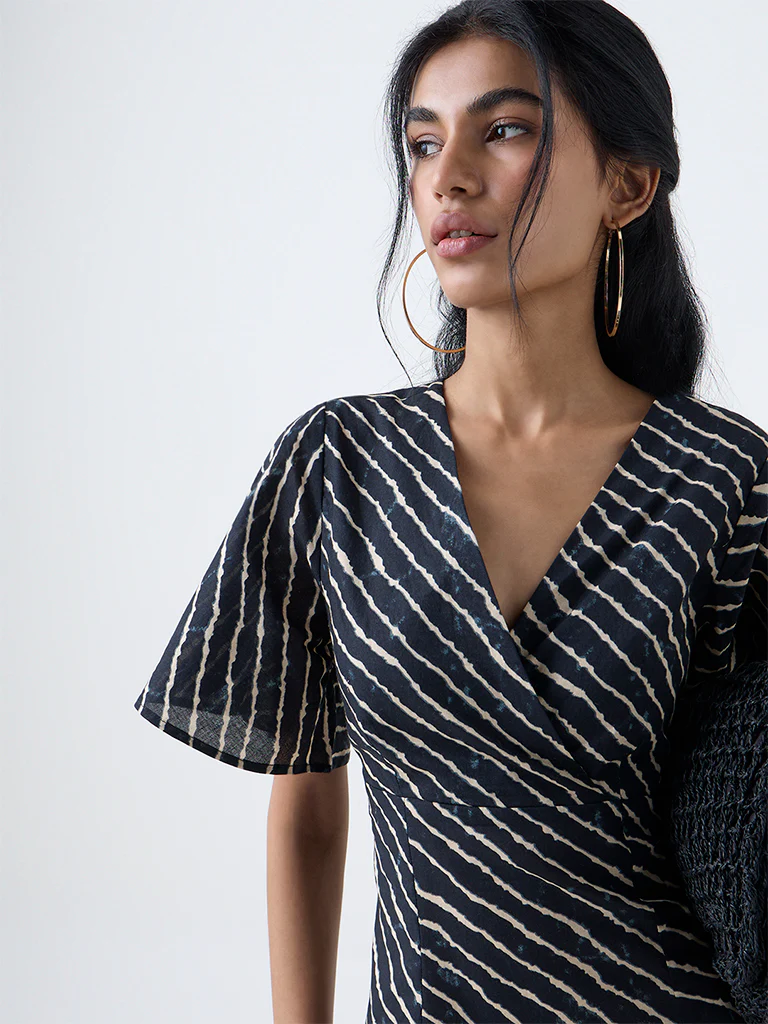 Bombay Paisley Blue Striped Cotton A-Line Dress - Image 3
