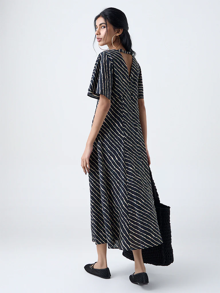 Bombay Paisley Blue Striped Cotton A-Line Dress - Image 4