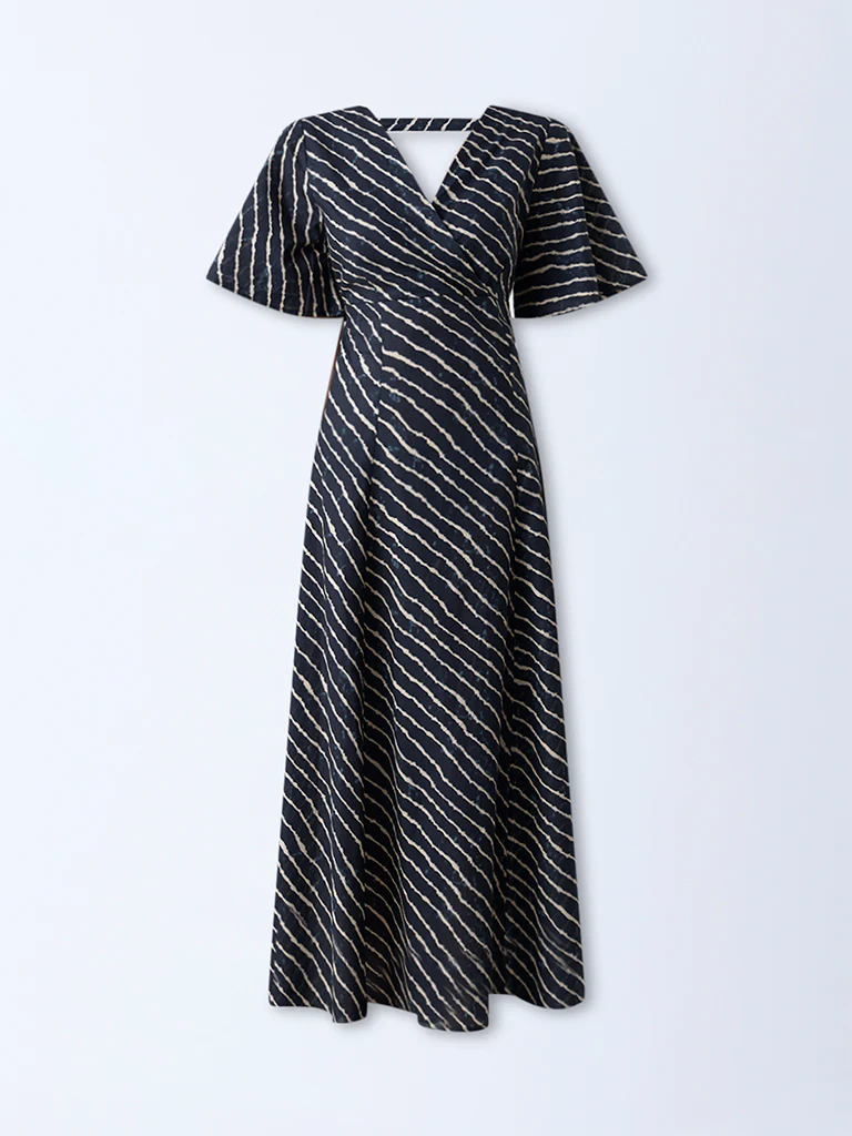 Bombay Paisley Blue Striped Cotton A-Line Dress - Image 5